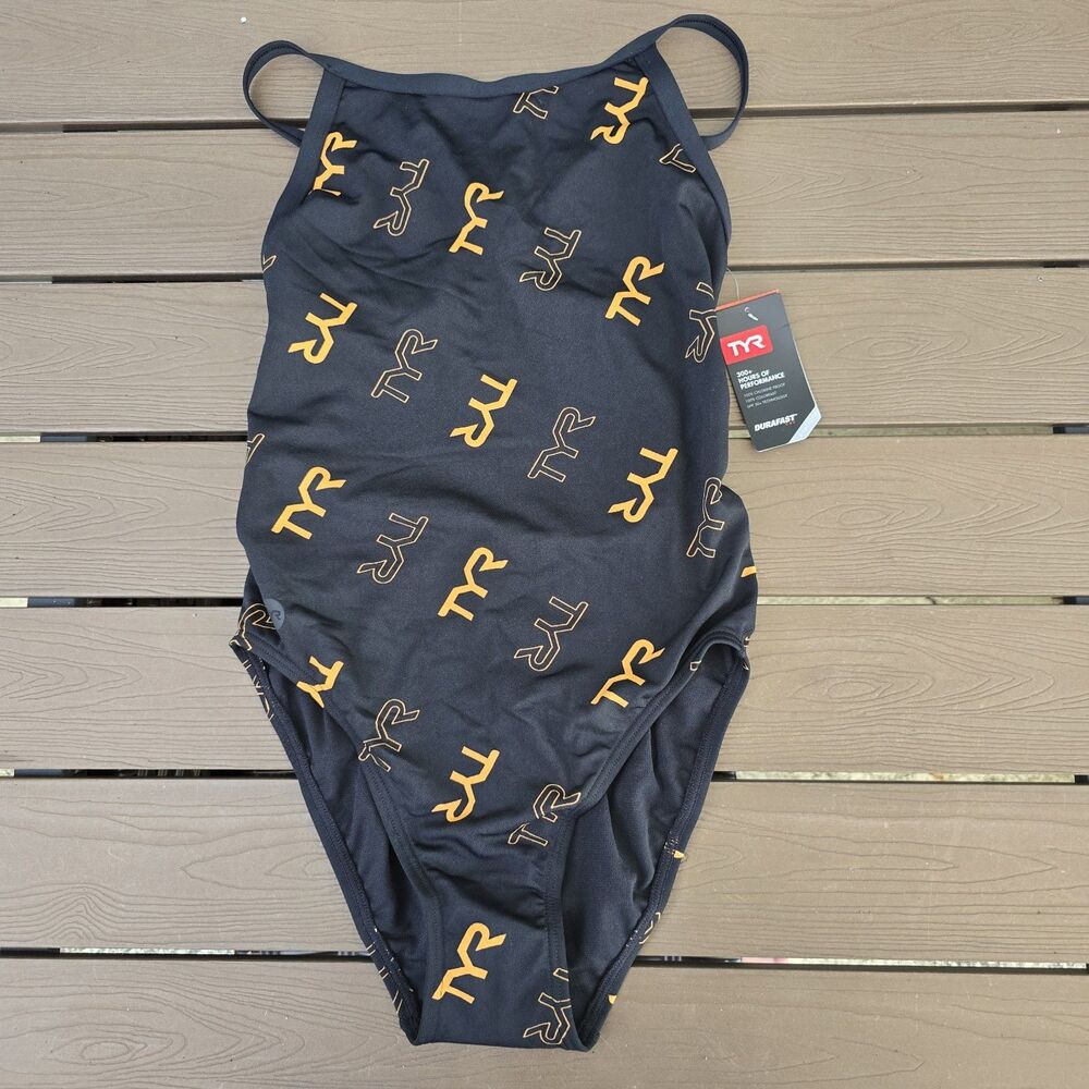TYR Women's Durafast Blue Black/Gold LOGO Diamondfit One Piece Swim Sz 34 New